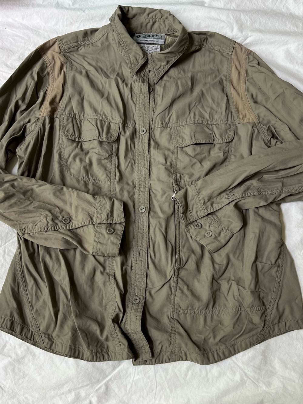 Columbia Olive Green Field Shirt Jacket with Tan Shoulder Accents